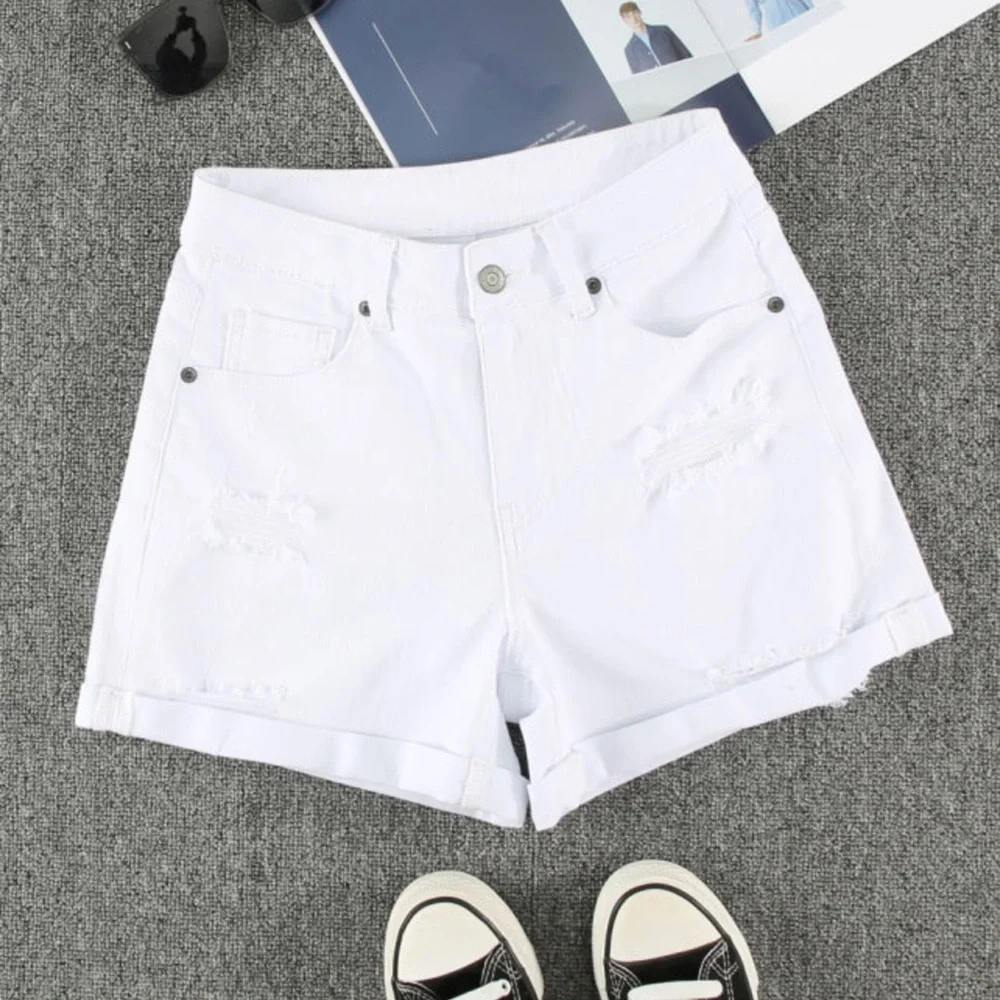 White Rolled—Up High Waist Distressed Denim Shorts - Picture 5 of 9